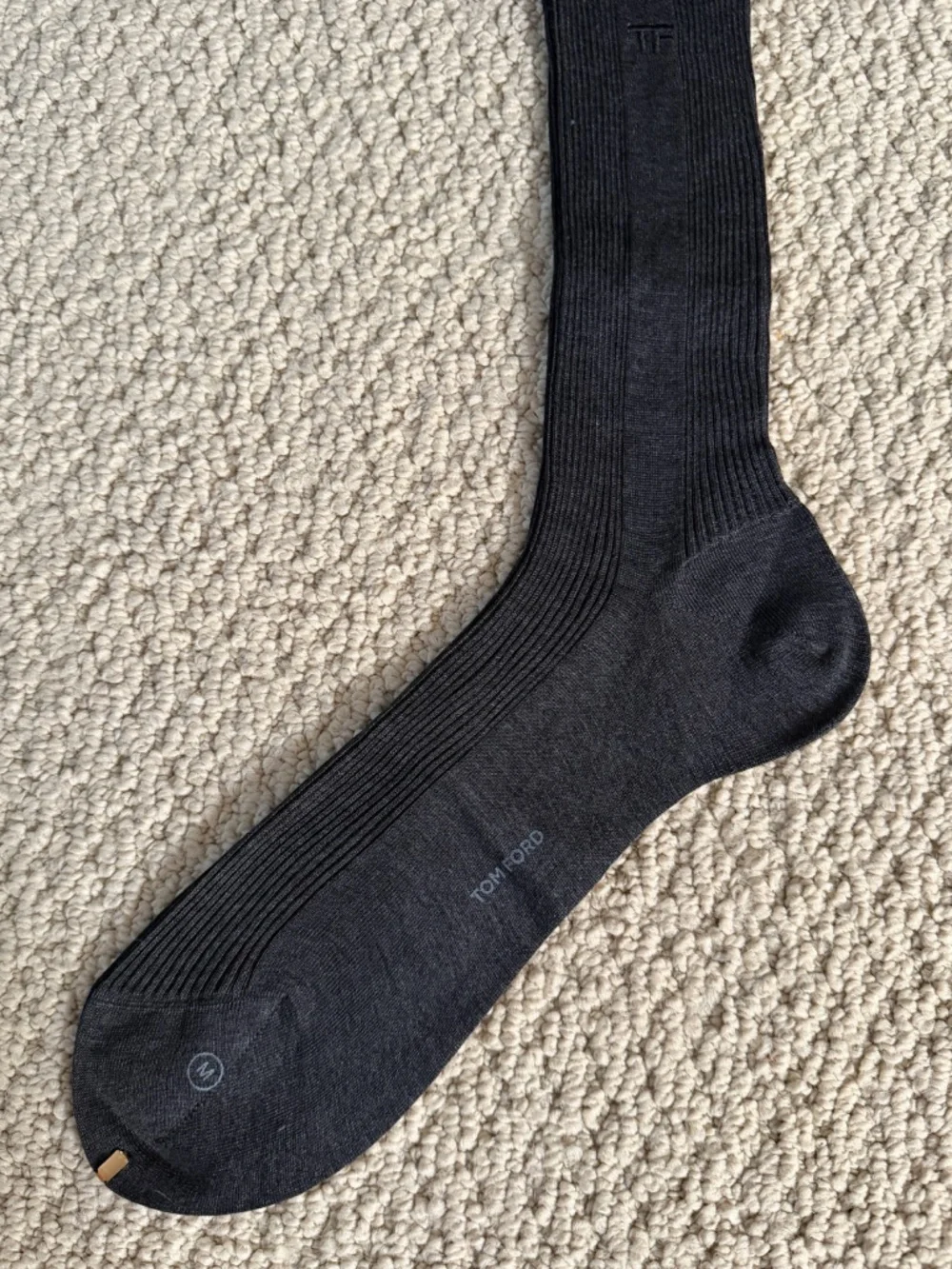 Tom Ford Charcoal Gray Embroidered TF Logo Ribbed Cotton Soft Dress Crew Socks
